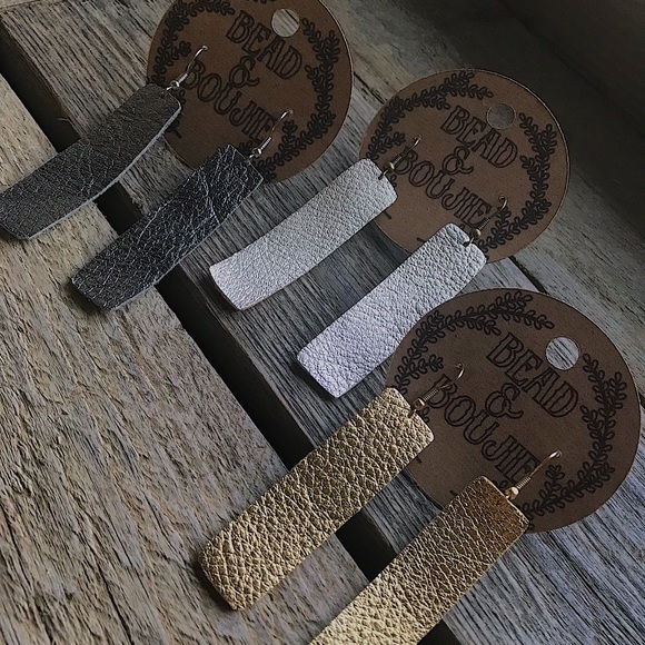 Genuine Metallic Leather Rectangle Bar Shaped Lightweight Dangle Earrings - Picture 3 of 8